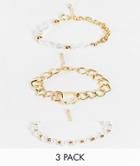 Asos Design Pack Of 3 Chain Bracelets With Pearl And Heart In Gold Tone