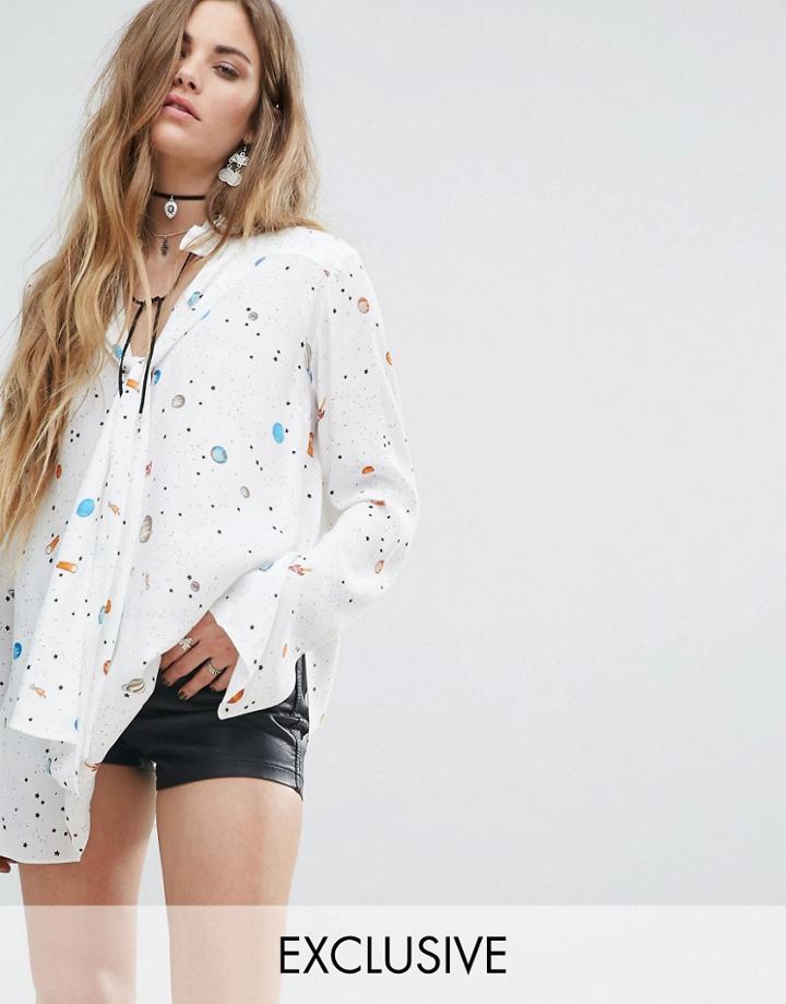 Reclaimed Vintage Inspired Tie Neck Blouse In Space Print - White