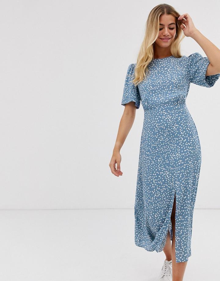 New Look Puff Sleeve Midi Dress In Blue Spot