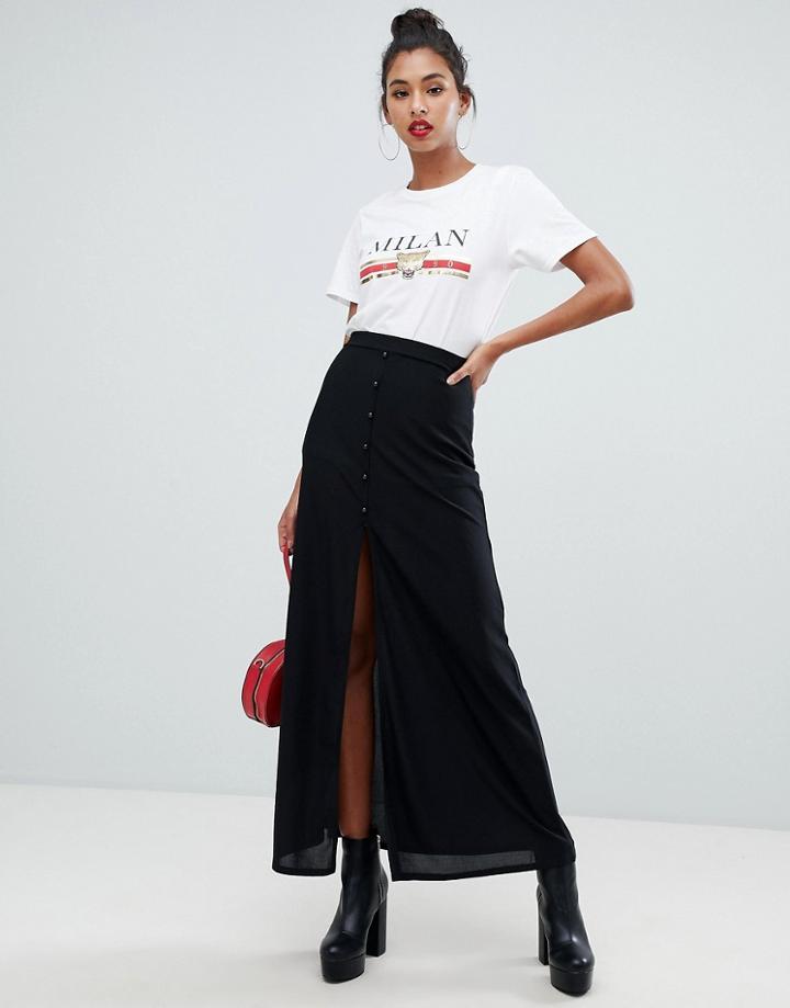 Boohoo Button Though Split Detail Maxi Skirt In Black - Black