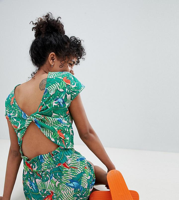 Monki Twist Back Beach T-shirt In Parrot Print - Multi