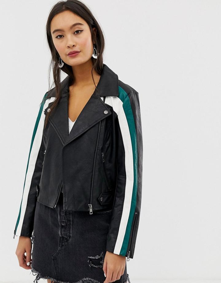 Only Color Block Faux Leather Biker Jacket-black