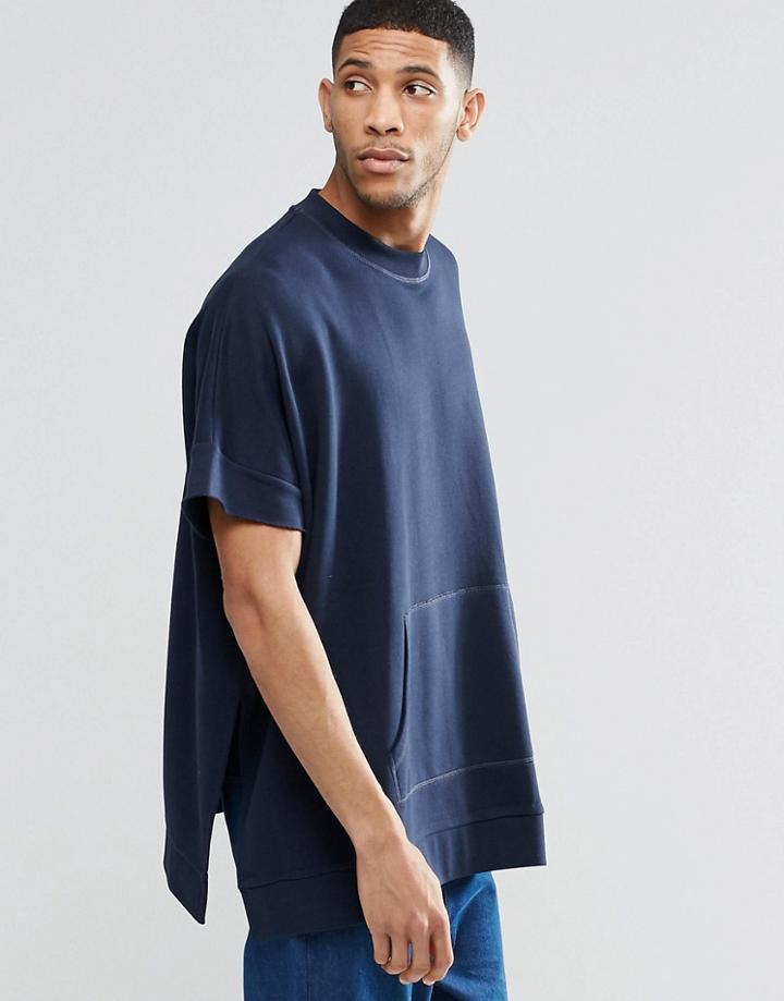Asos Extreme Oversized Short Sleeve Sweatshirt With Side Splits - Navy