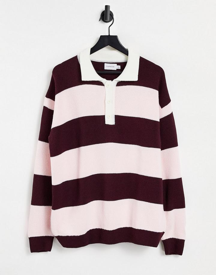 Topman Long Sleeve Stripe Knitted Rugby Polo In Burgundy And Pink