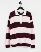 Topman Long Sleeve Stripe Knitted Rugby Polo In Burgundy And Pink