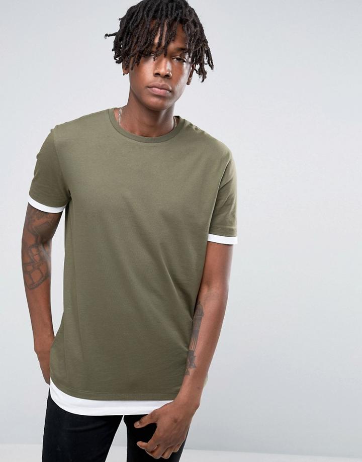 Asos Longline T-shirt With Contrast Cuff And Hem Extenders - Green