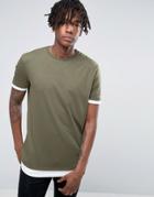 Asos Longline T-shirt With Contrast Cuff And Hem Extenders - Green