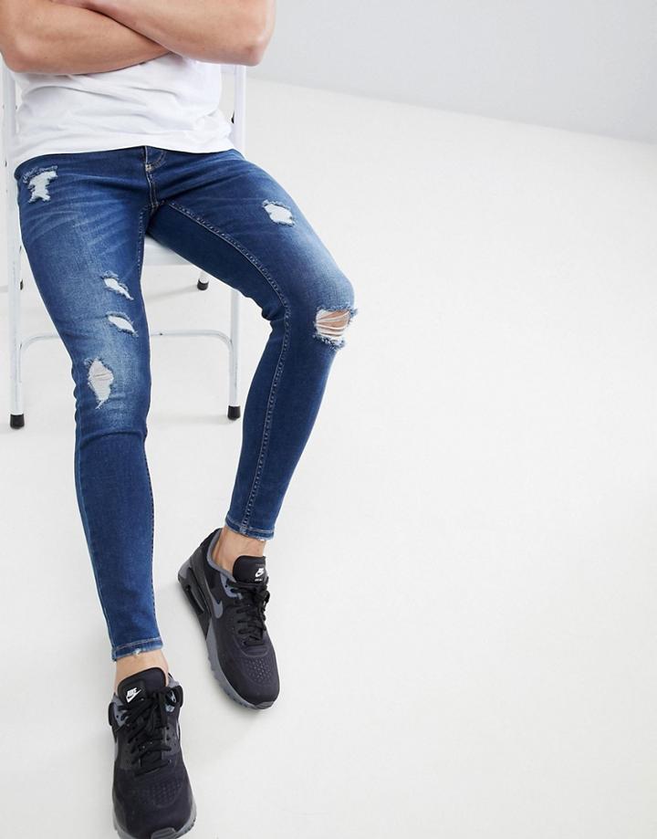 Gym King Muscle Fit Jeans In Midwash Blue With Distressing - Blue