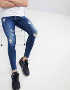 Gym King Muscle Fit Jeans In Midwash Blue With Distressing - Blue