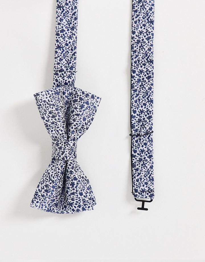 French Connection Micro Floral Bow Tie In Indigo-multi