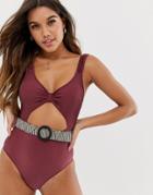 Asos Design Tab Front Cut Out Swimsuit With Weave Belt In Shiny Deep Red - Red