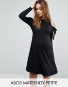 Asos Maternity Petite Cold Shoulder Long Sleeve Dress With Tie Detail - Black