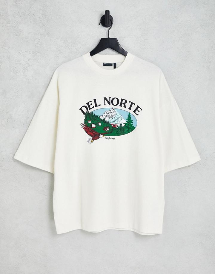 Asos Design Oversized T-shirt In Off White With Outdoors Scene Front Print