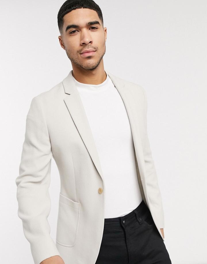 Asos Design Super Skinny Blazer In Stone Waffle Jersey-neutral