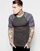 Asos Muscle T-shirt With Geo-tribal Print Raglan Sleeves In Charcoal - Charcoal