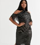 Goddiva Plus Cold Shoulder Mini Dress With Tassel Detail In Black Sequin