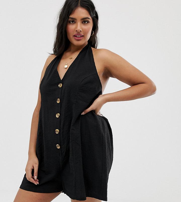 Asos Design Curve Halter Romper With Button Detail In Self Stripe - Black