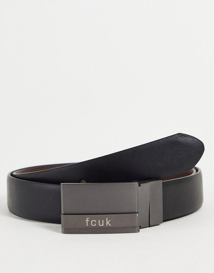 French Connection Fcuk Leather Reversible Plaque Buckle Belt In Black/brown