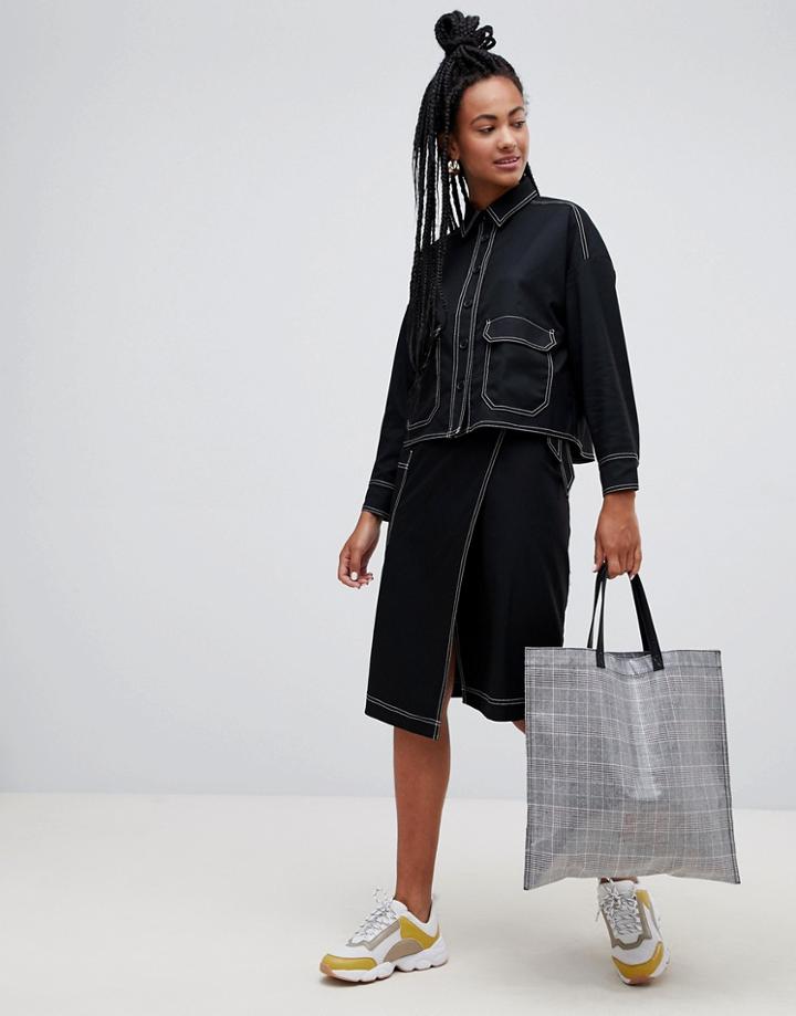 Monki Cross Front Midi Skirt In Black With Contrast Stitching - Black