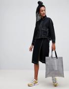 Monki Cross Front Midi Skirt In Black With Contrast Stitching - Black
