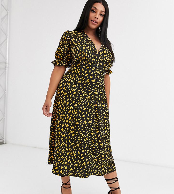 Asos Design Curve Button Through Midi Tea Dress With Puff Sleeve In Polka Dot-multi
