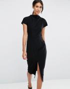 Asos High Neck Wiggle Dress With Split Front - Black