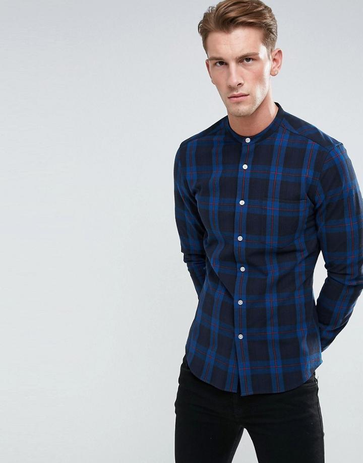 Asos Skinny Check Shirt With Grandad Collar - Navy