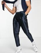 Asos Design Tapered Sateen Smart Pants With Button Fly-navy