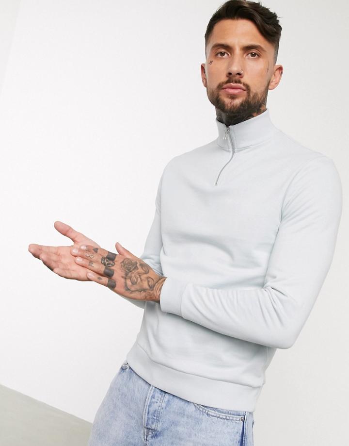 Asos Design Organic Half Zip Sweatshirt In Ice Blue-blues