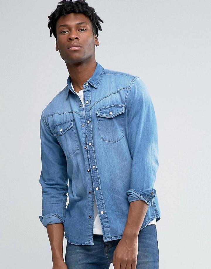 Pull & Bear Western Denim Shirt In Mid Wash Blue In Regular Fit - Blue