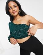 Club L London Sequin One Shoulder Crop Top In Emerald Green