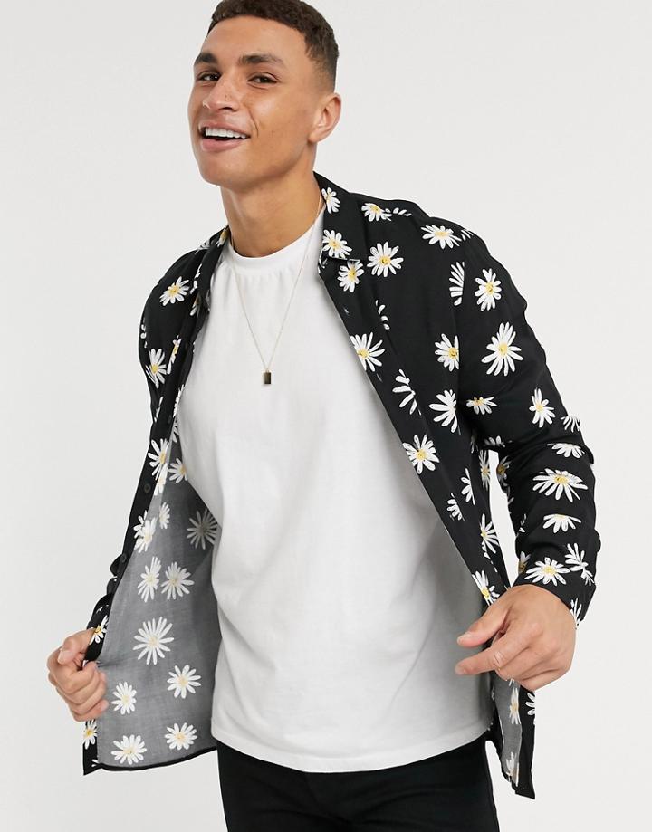 Asos Design Regular Fit Shirt In Daisy Print In Black