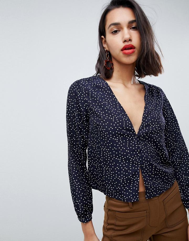 Side Party Sydney V-neck Dotted Buttoned Blouse - Navy