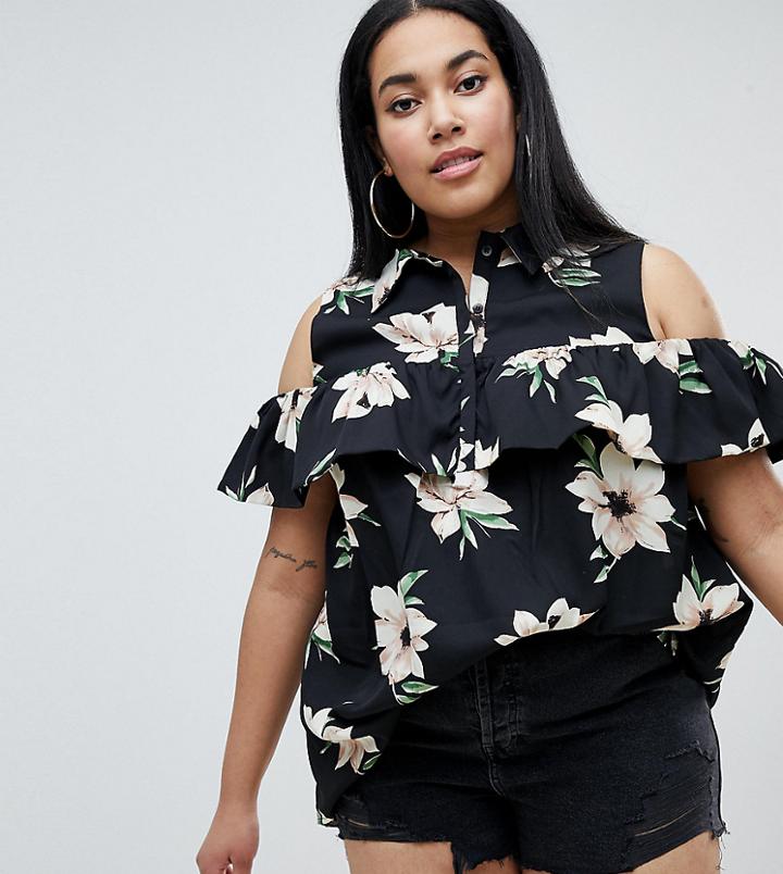 Ax Paris Plus Cold Shoulder Ruffle Top - Multi