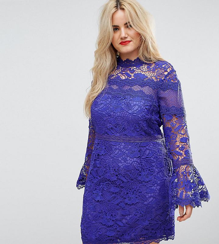 Asos Curve Lace Long Sleeve Mini Dress With Fluted Sleeves - Blue