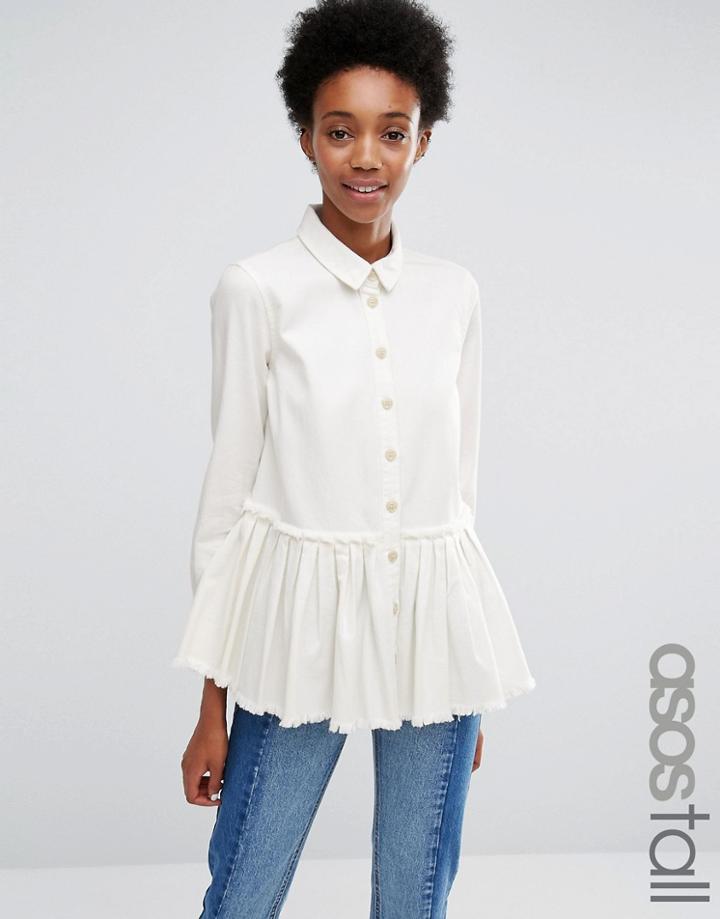 Asos Tall Denim Drop Waist Pleated Shirt In White With Raw Hem - White