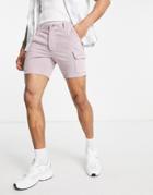 Asos Design Slim Cord Shorts With Cargo Pockets In Acid Wash Purple