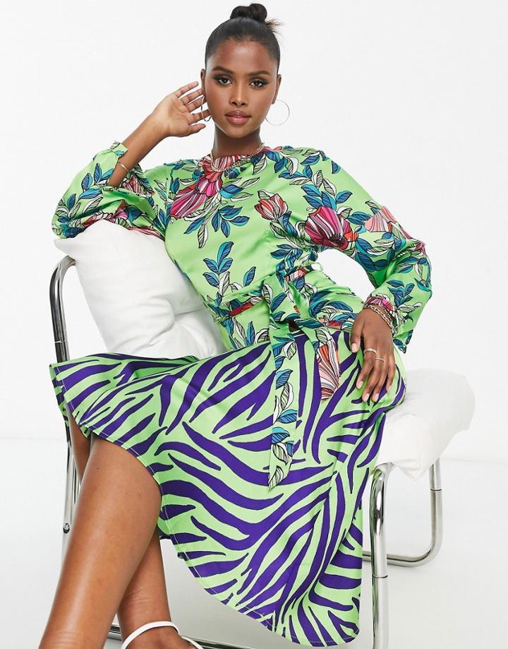 Liquorish Midi Dress In Floral And Animal Contrast Print In Green