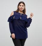 Koko Cold Shoulder Ruffle Top With Embroidery - Navy