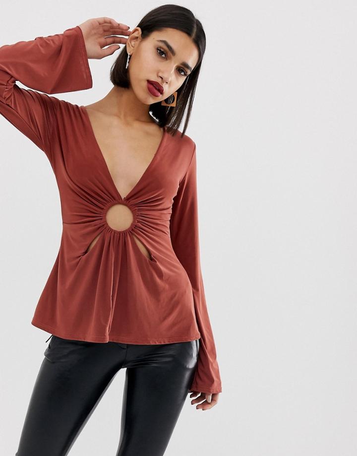 Prettylittlething Rust Slinky Ring Detail Top - Brown