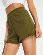 Asos Design Crinkle Shorts In Cotton With Ruffle In Khaki-multi