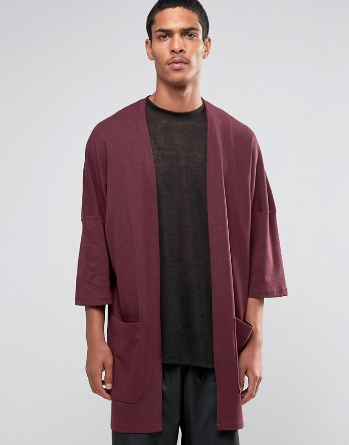 Asos Longline Jersey Cardigan In Slub - Red