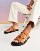 Asos Design Leather Sandals In Tan With Contrast Black Sole-brown