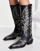 Topshop Texas Premium Leather Stitched Knee-high Western Boots In Black