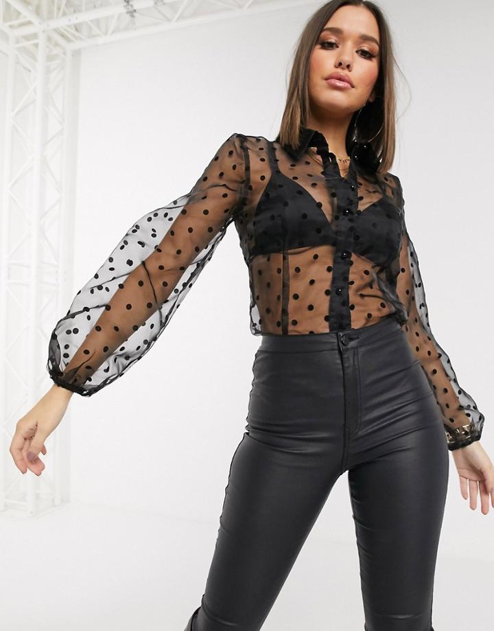 Parisian Organza Polka Dot Blouse With Volume Sleeves In Black