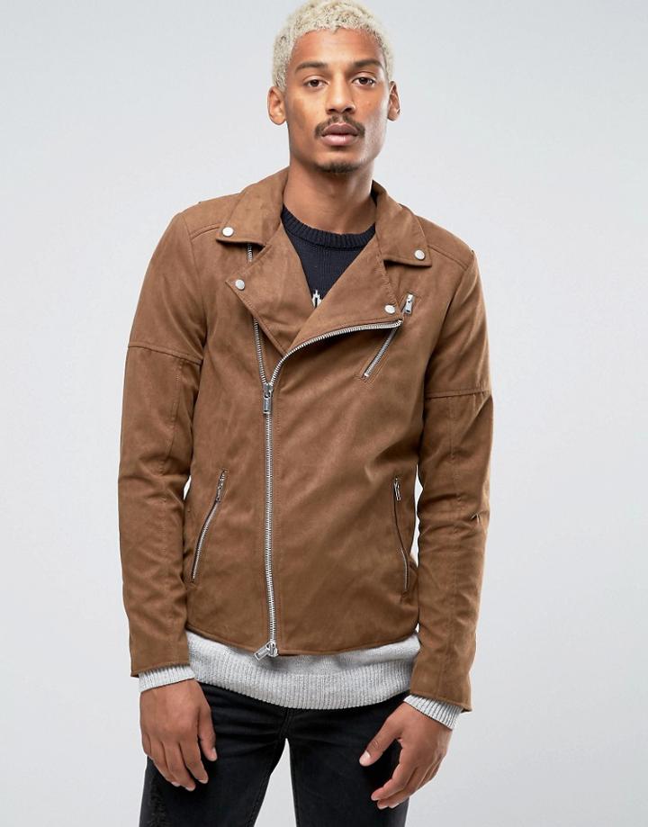 Pull & Bear Faux Suede Biker Jacket In Tan - Tan