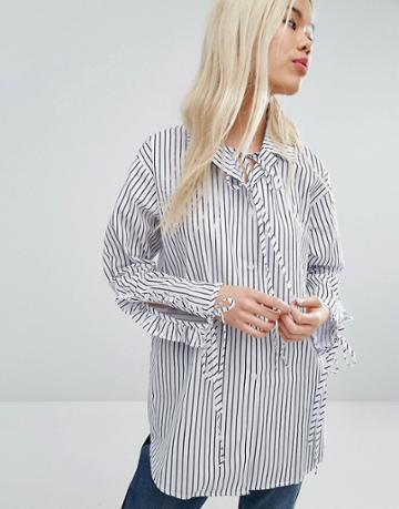 Stylenanda Relaxed Oversized Shirt With Ruched Sleeves In Stripe - Blu