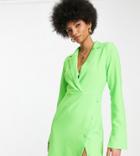 Asos Design Tall Button Split Skirt Blazer Mini Dress In Neon Green