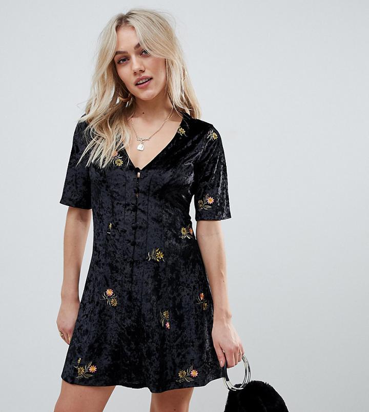 Asos Design Petite Embroidered Velvet Button Through Tea Dress-black