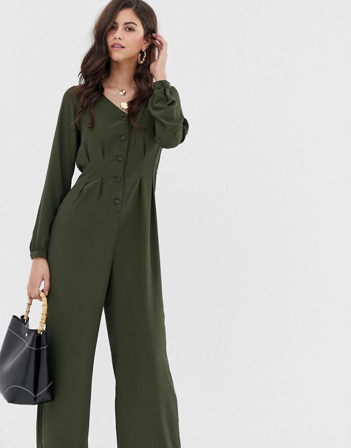 Vila Button Through Wideleg Jumpsuit - Green